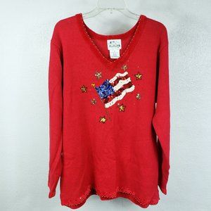 Quacker Factory Women's XL Red Gold Velvet Trim Long Sleeve Knit Top Sweater